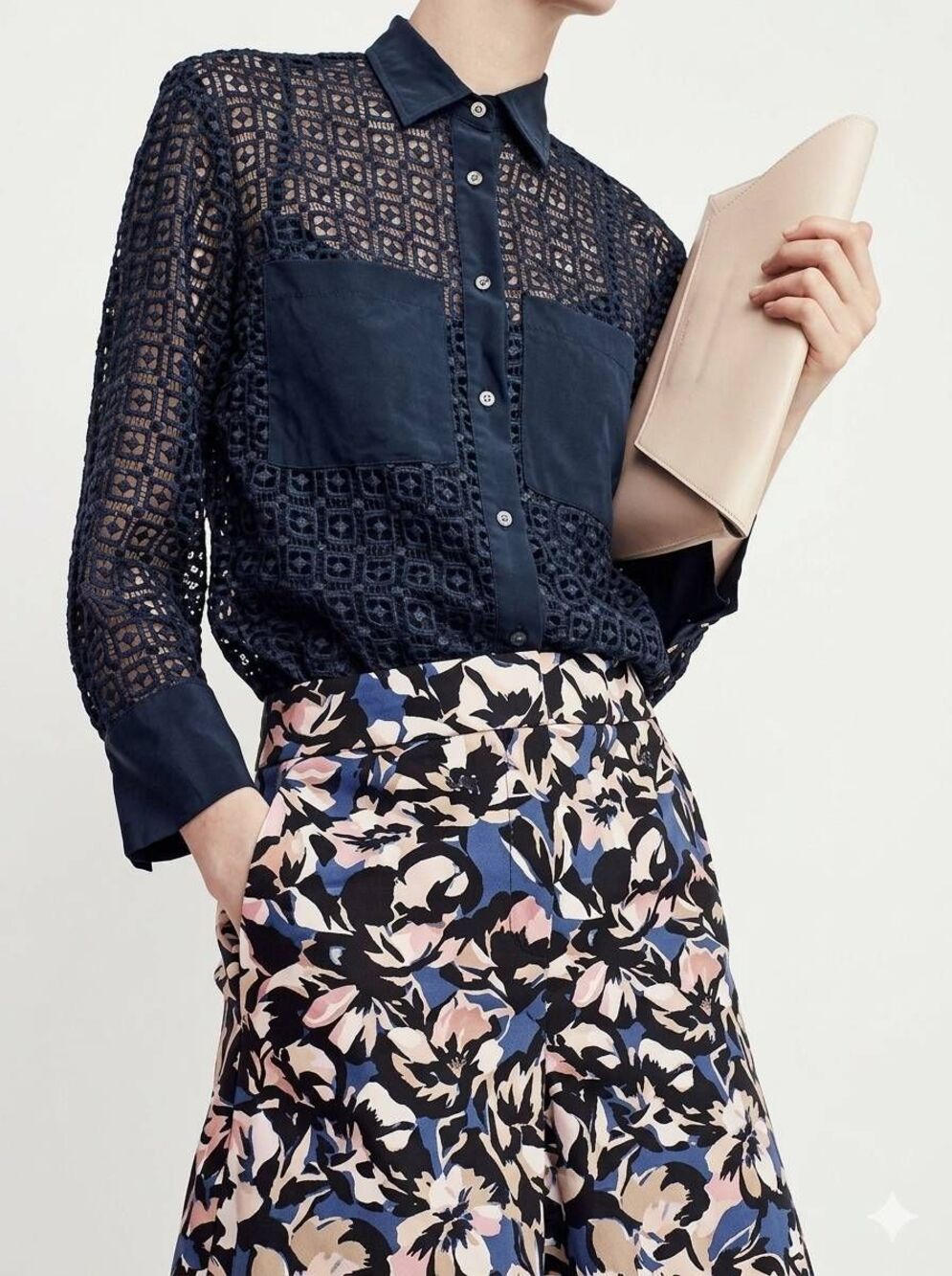 🔺️J Crew Blue Open Knit Silk Panel Long Sleeve Top Size 2